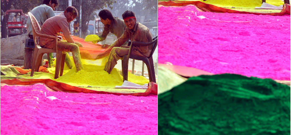 women play holi with colours and beat men with swinge