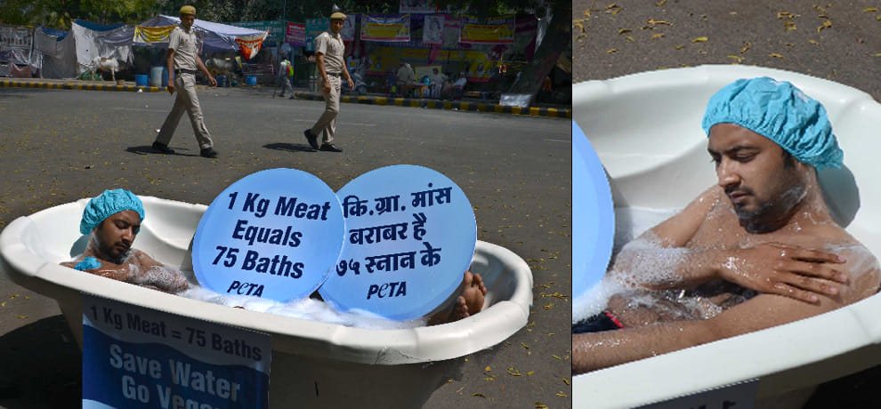 on the road a person bath in a tub