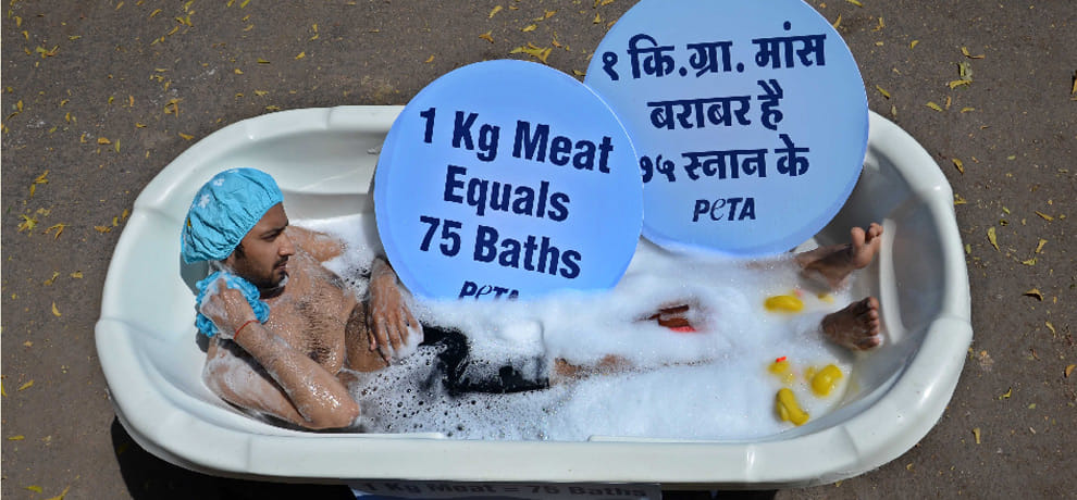 on the road a person bath in a tub