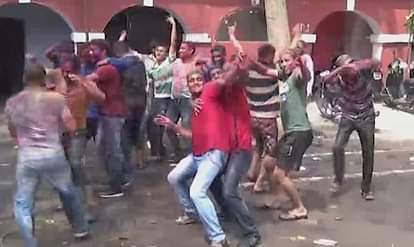 Haridwar police celebrating Holi