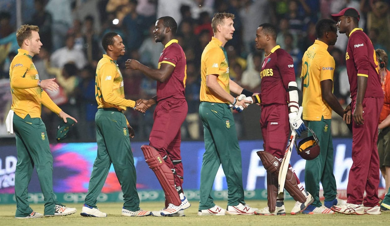West Indian players celebrate won in  ICC T20 World cup match against South Africa in Nagpur