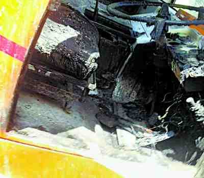 Man crushed by a burning bus