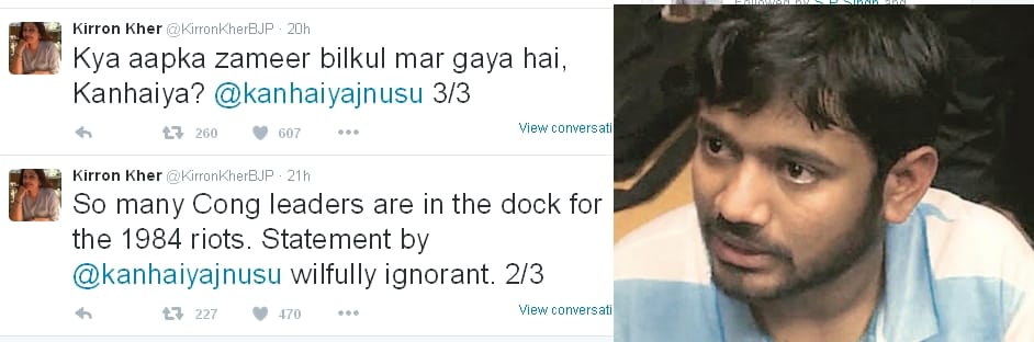 kirron kher slams kanhayia, kirron kher twitter, kanhayia, jnu, controvertional statement