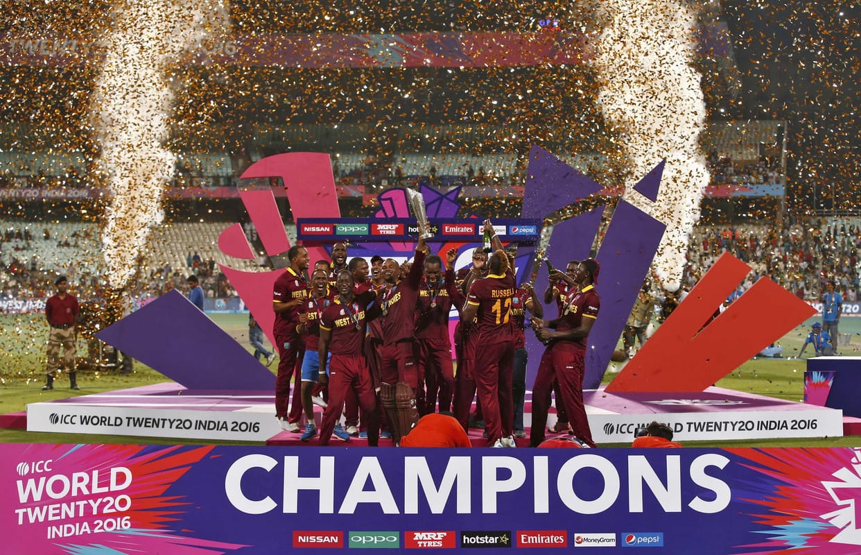 West Indies players celebrate after winning World Twenty20 cricket tournament 