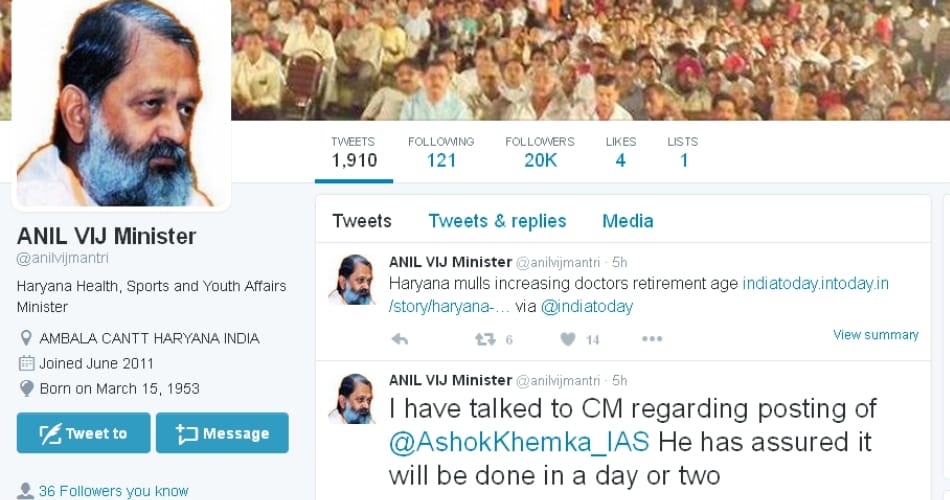 ias ashok khemka, minister anil vij, twitter, khattar, posting, haryana 