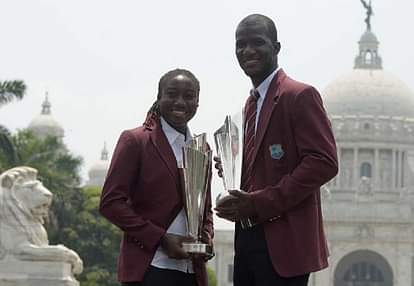 WI cricket team captains pose with World Cup T20 trophies in Kolkata