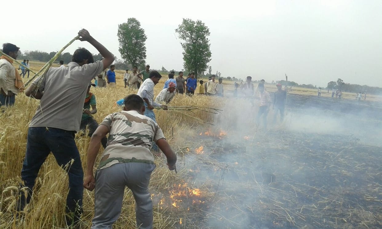 lit fire in wheat crop