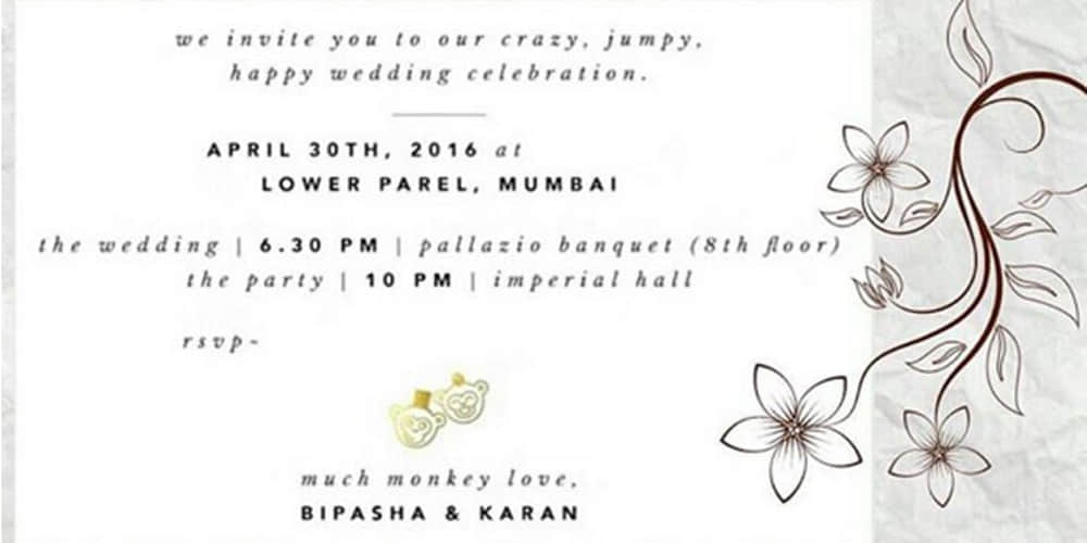 Bipasha Basu-Karan Singh Grover wedding wedding card