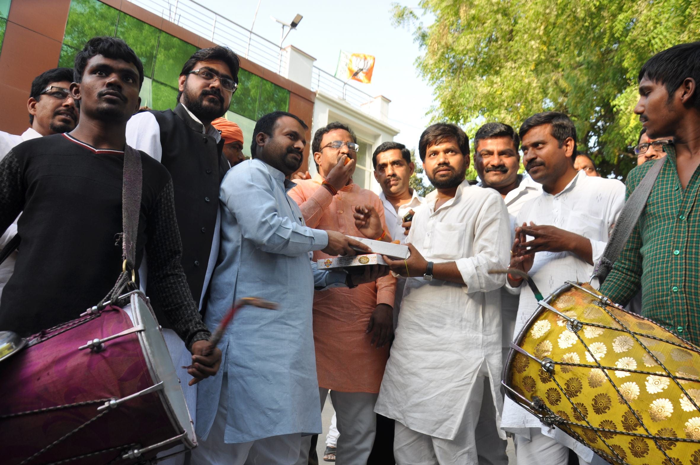 BJP activists celebrate the declaration of its UP president.
