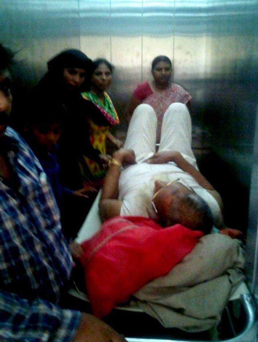 patient tied in medical college lift