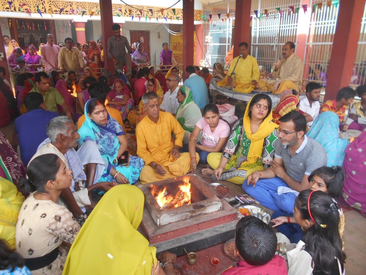 Devotees worship in the temple