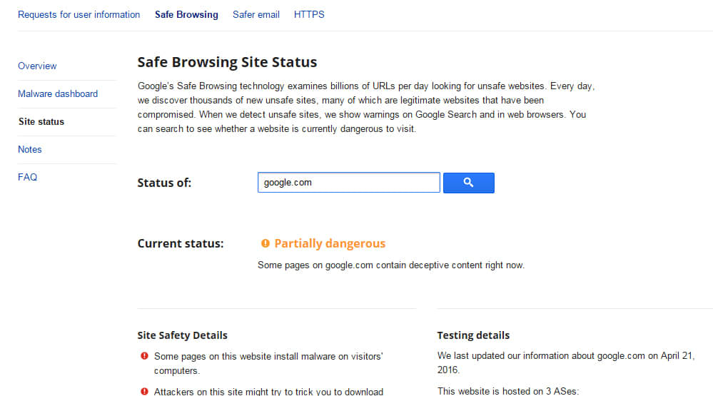 Security tools by Google says Google.com is unsafe to visit