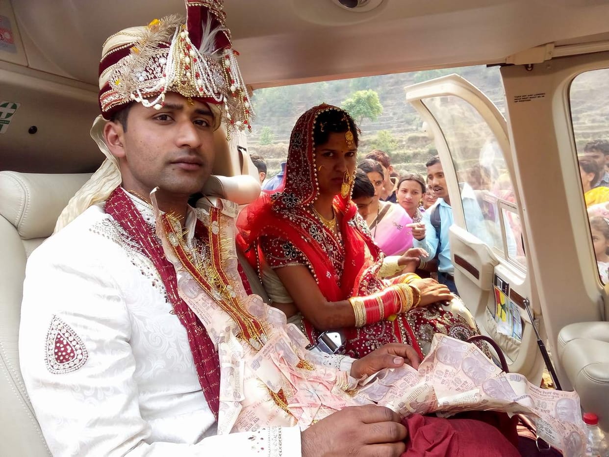 The helicopter took off from the bride to her in-laws