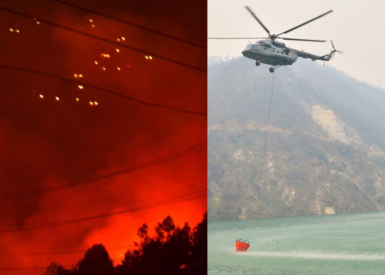 air force helicopter dropped water on burning forest in uttarakhand.
