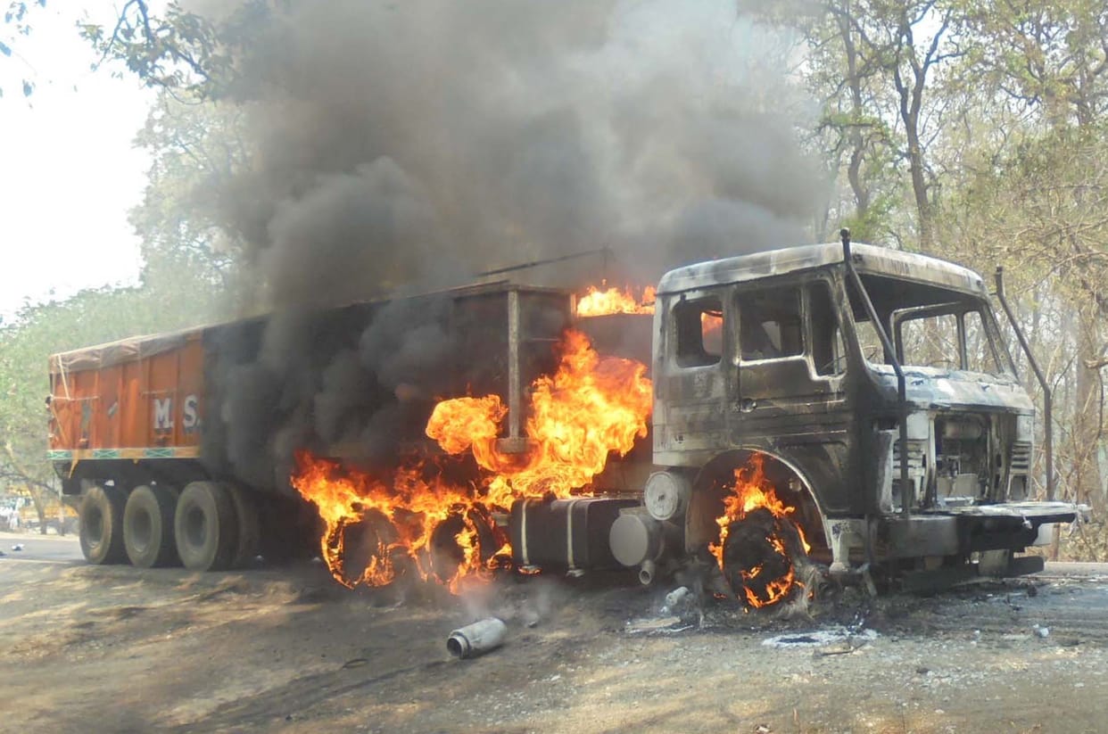 truck in fire after accident