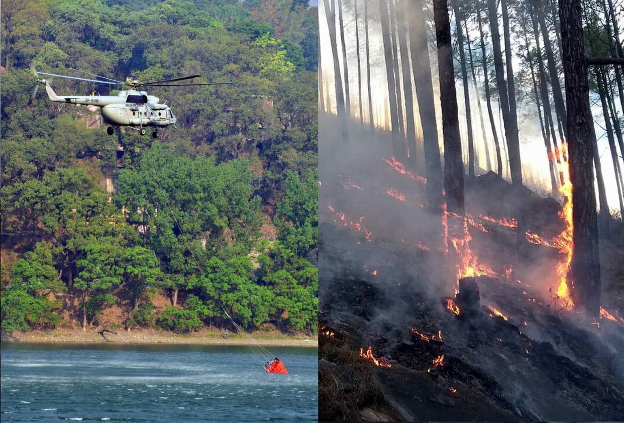 MI-17 Poured water on burning forest of uttarakhand.