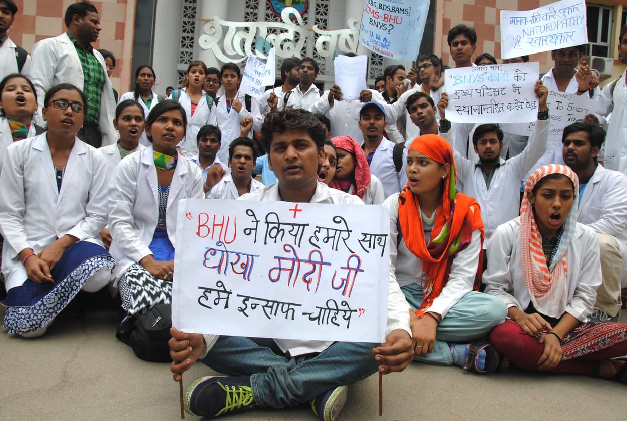 Giving the students beaten by security picket at BHU