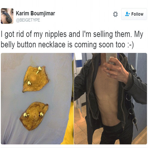 artist is selling ear rings made up of his nipples