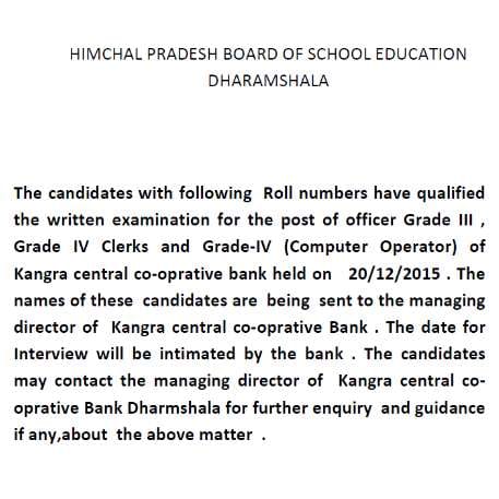 himachal board declared result kccb recruitment exam