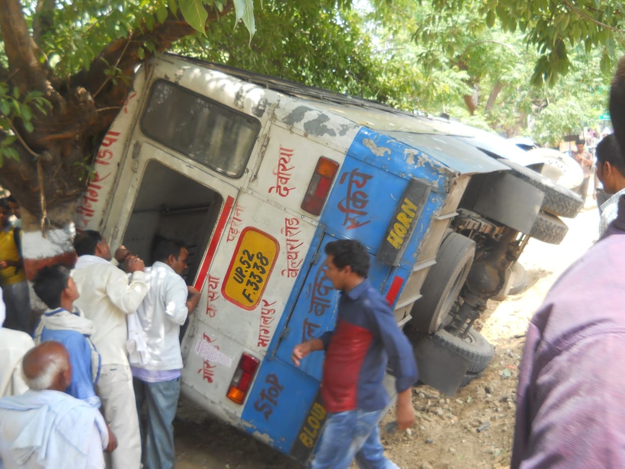 Roadways bus overturns 13 injured