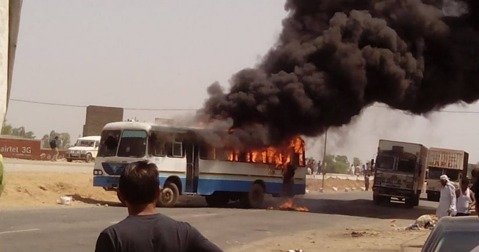 bike rider died due to hitting by bus, people burnt bus in hisar