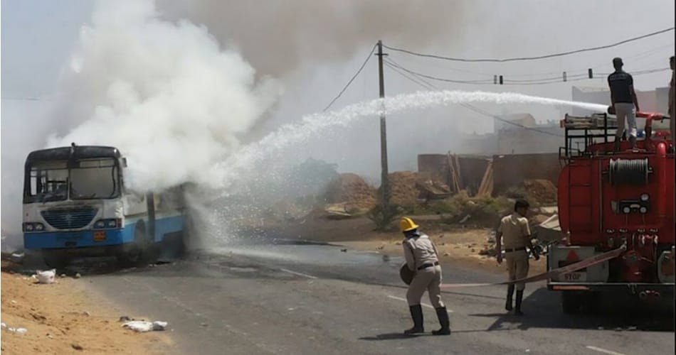bike rider died due to hitting by bus, people burnt bus in hisar