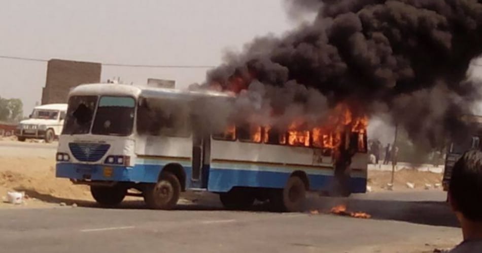 bike rider died due to hitting by bus, people burnt bus in hisar