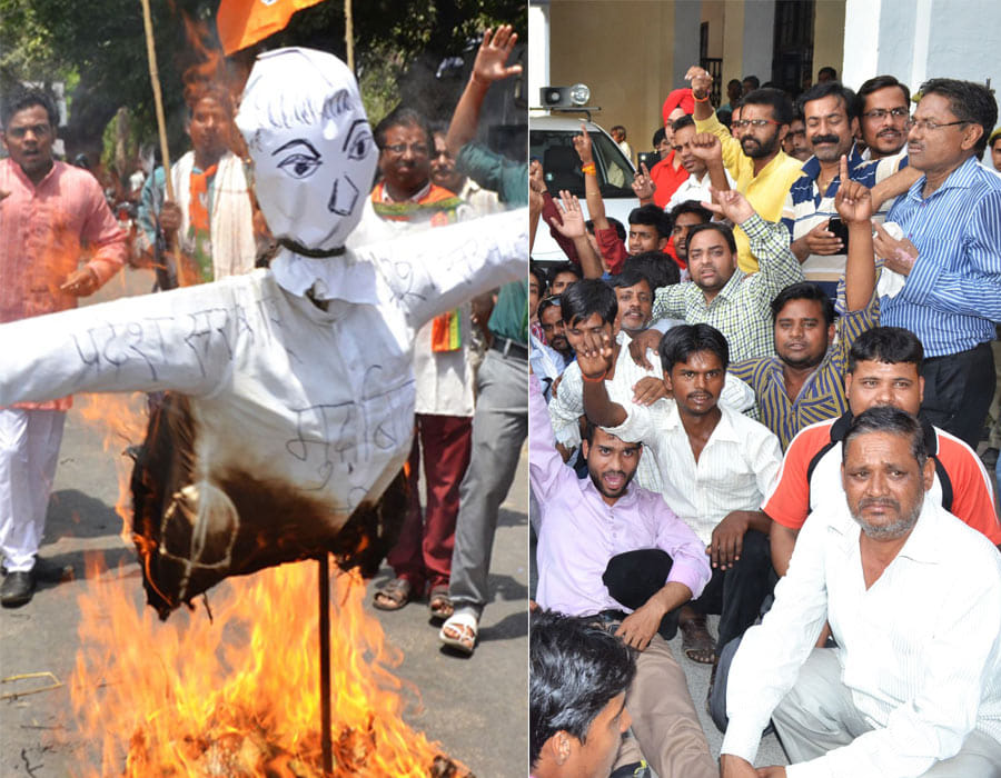People protest on transfer of DM Shahjahanpur.