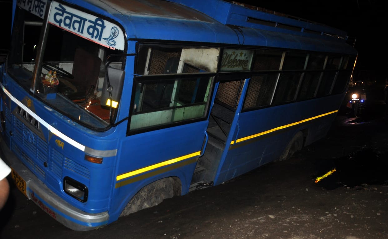 middle of the road facing the bus