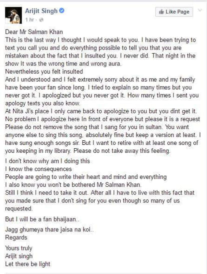 Arijit Singh issues public apology to Salman Khan