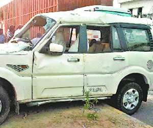 SUV hit to bike and upturned, five injured