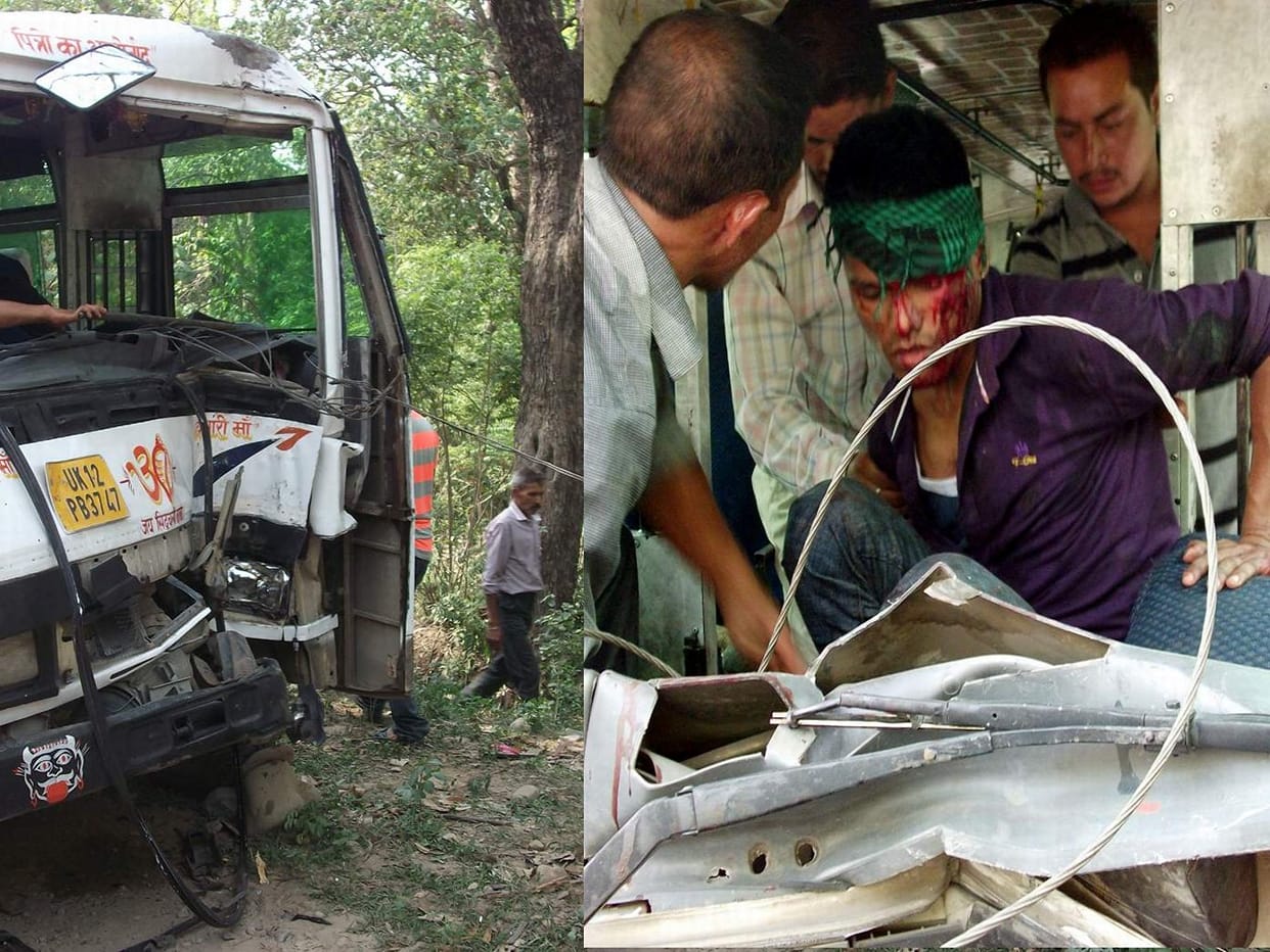 bus hit into tree, 17 injured.