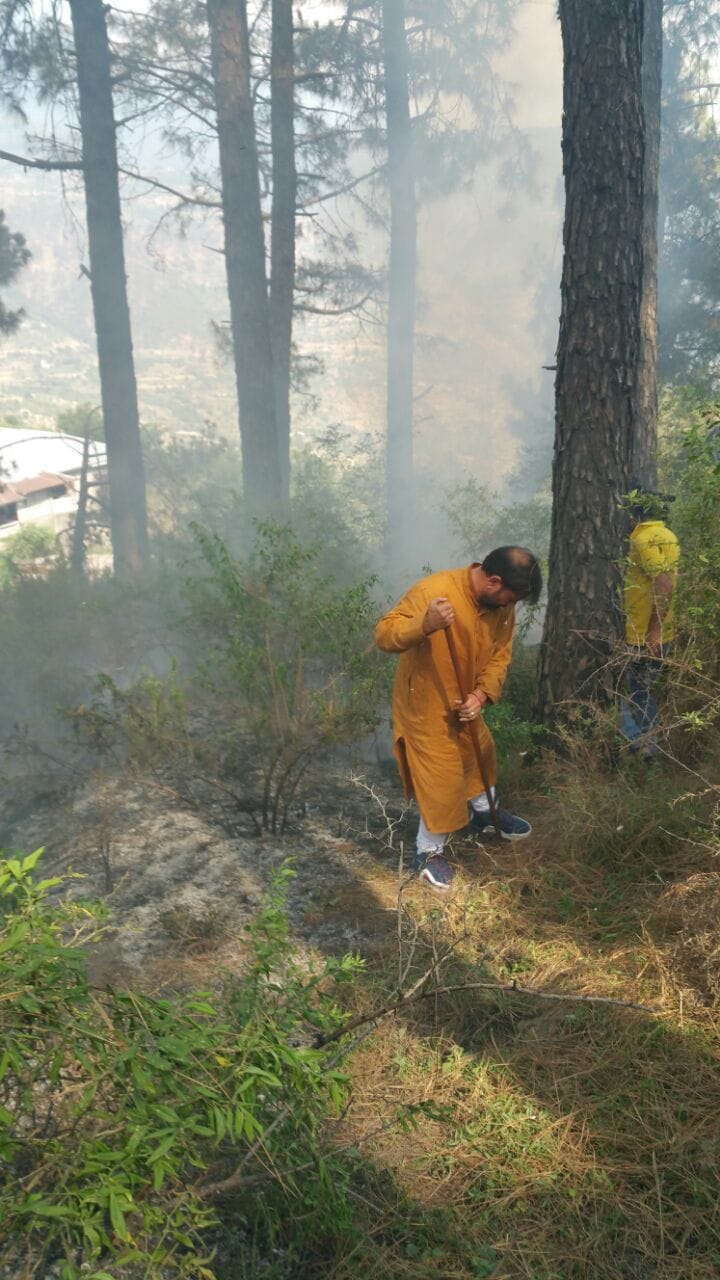 forest minister lal singh put out forest Fire in chinaini