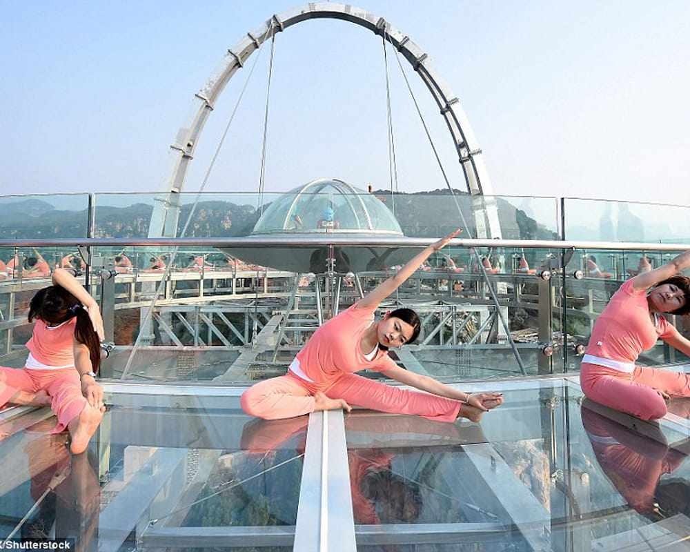 yoga fans gathered on glass bottom in china