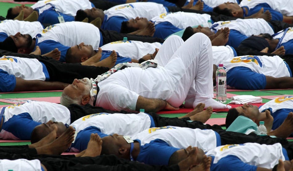pictures of Yoga posture of PM modi in 2nd international yoga day at chandigarh