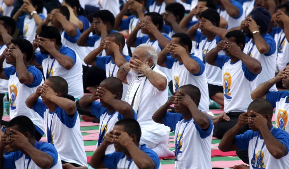 pictures of Yoga posture of PM modi in 2nd international yoga day at chandigarh