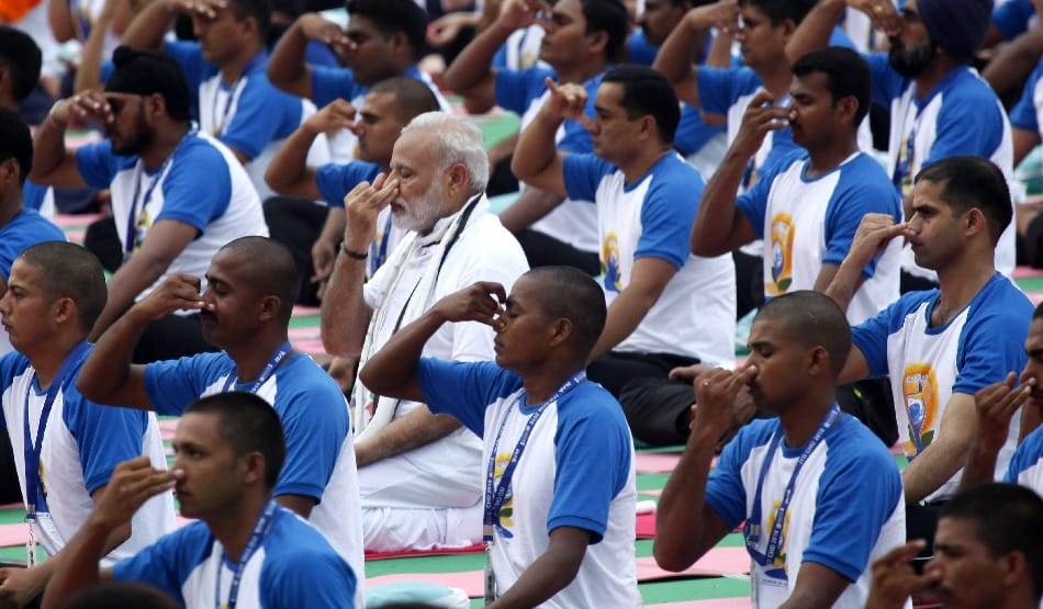 pictures of Yoga posture of PM modi in 2nd international yoga day at chandigarh