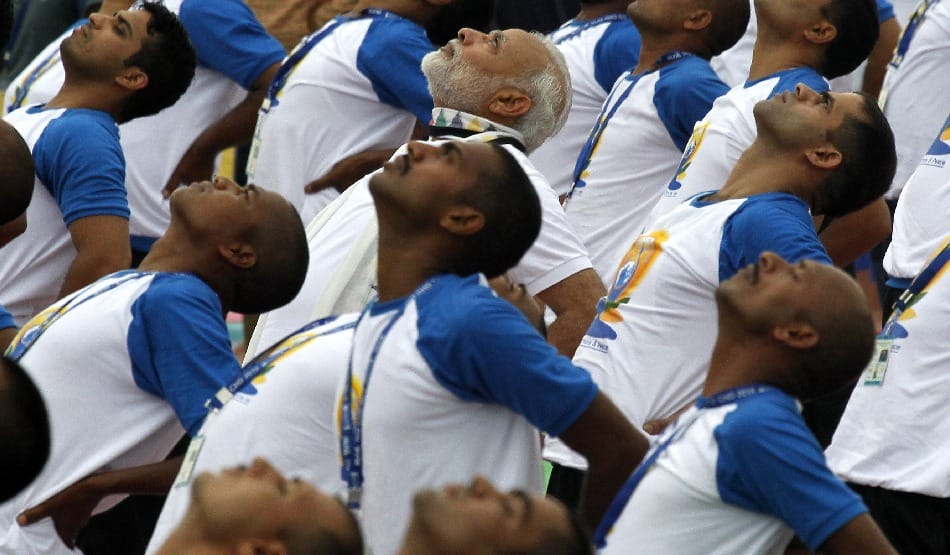 pictures of Yoga posture of PM modi in 2nd international yoga day at chandigarh
