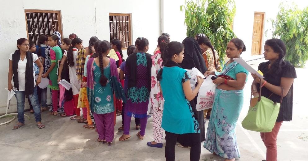 Arya Girls College crowd gathered at the entrance