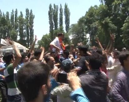 PDP workers celebrate after victory of party chief Mehbooba Mufti