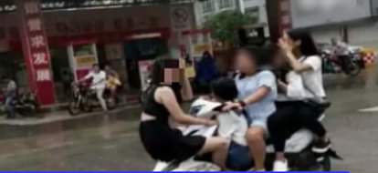 Overload! Five girls ride one motorbike