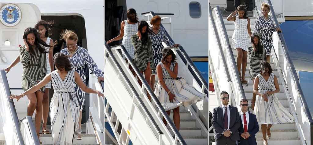 First lady and Obama girls land in windy Madrid faces Marilyn Monroe moment