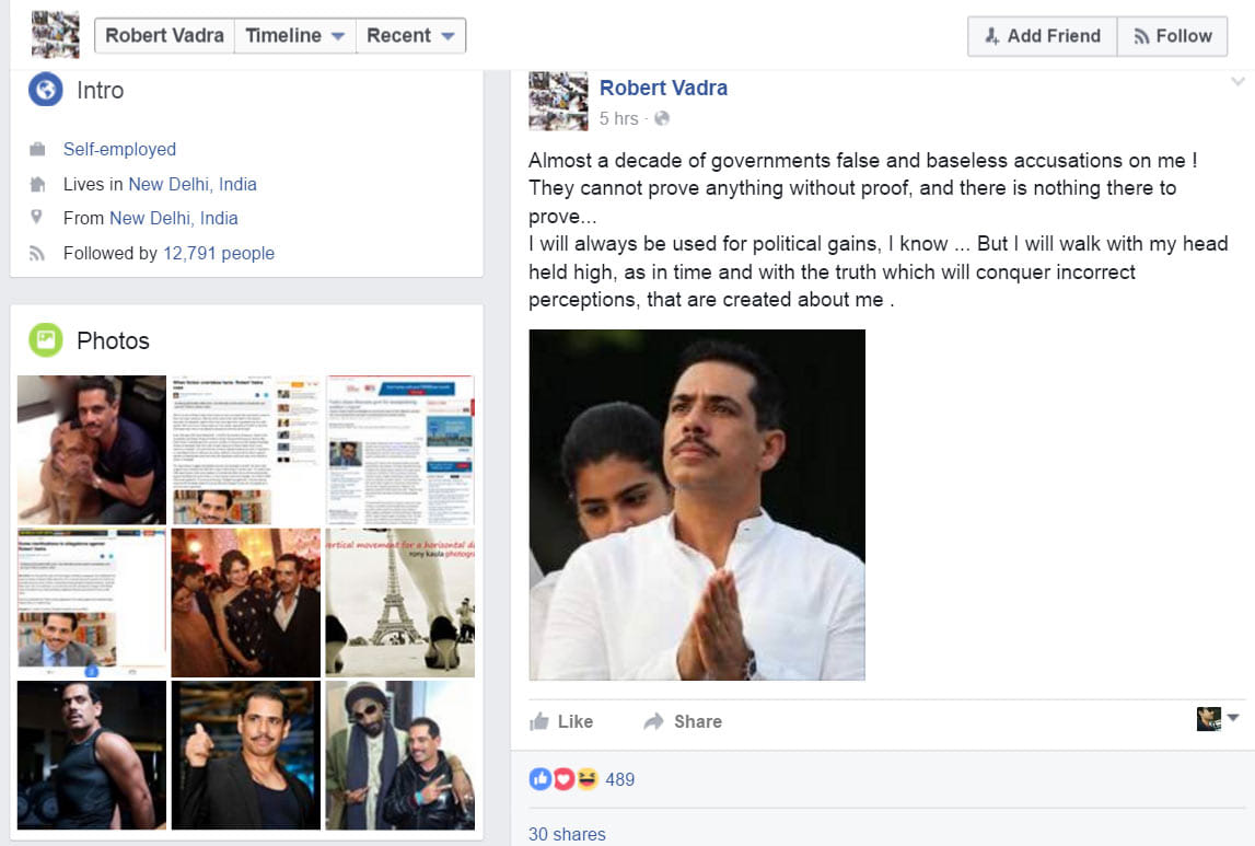 Robert Vadra writes post on Facebook, I’ll be used for political gains.