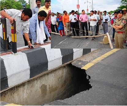 A pit on a bridge in Lucknow creates problem for officers.