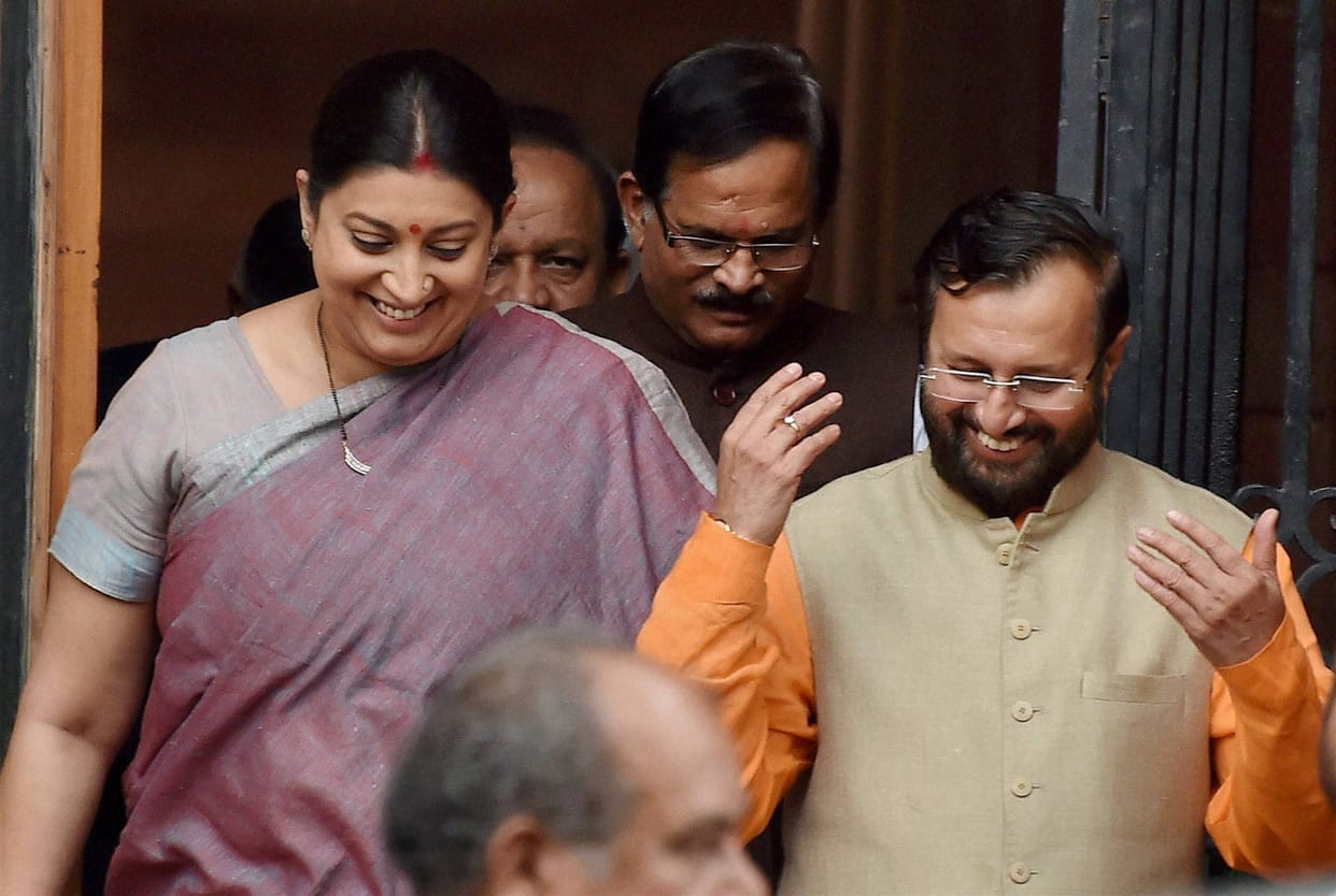 cabinet reshuffle 2016: Javadekar Promoted as HRD minister, smriti irani to get textile ministry