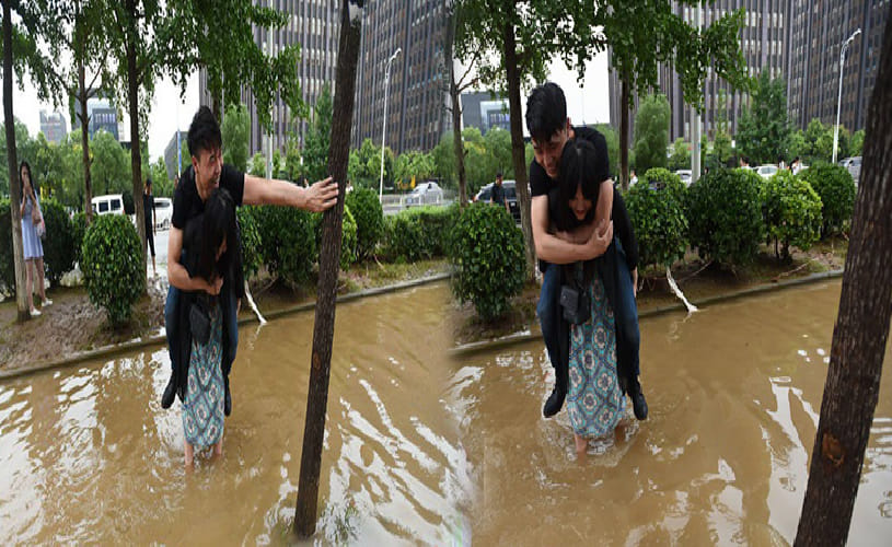   girlfriend treks with boyfriend on her back to save his shoes