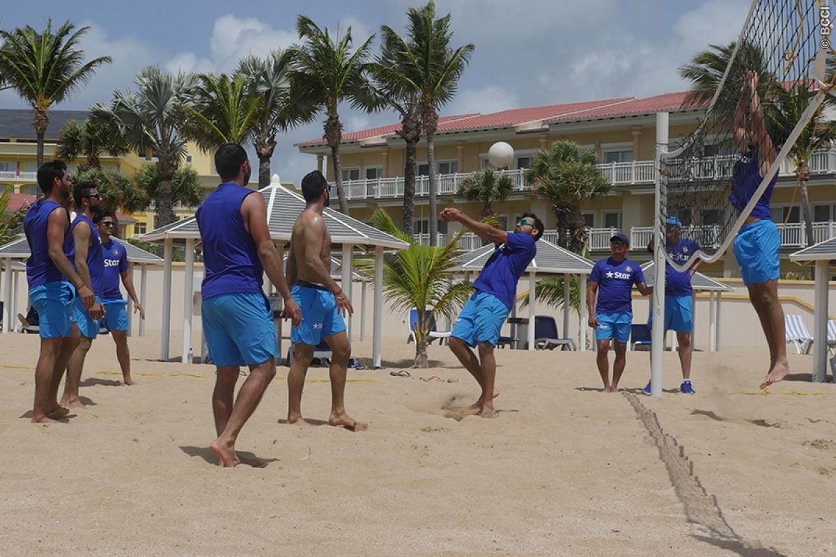 Team India enjoys beach volleyball before warm up match