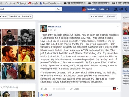 Umar Khalid pays tribute to Burhan on his Facebook Post