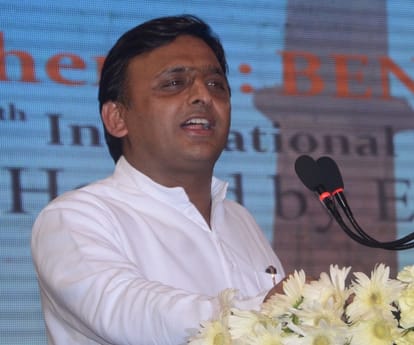 Chief minister Akhilesh Yadav targets BJP in Lucknow.