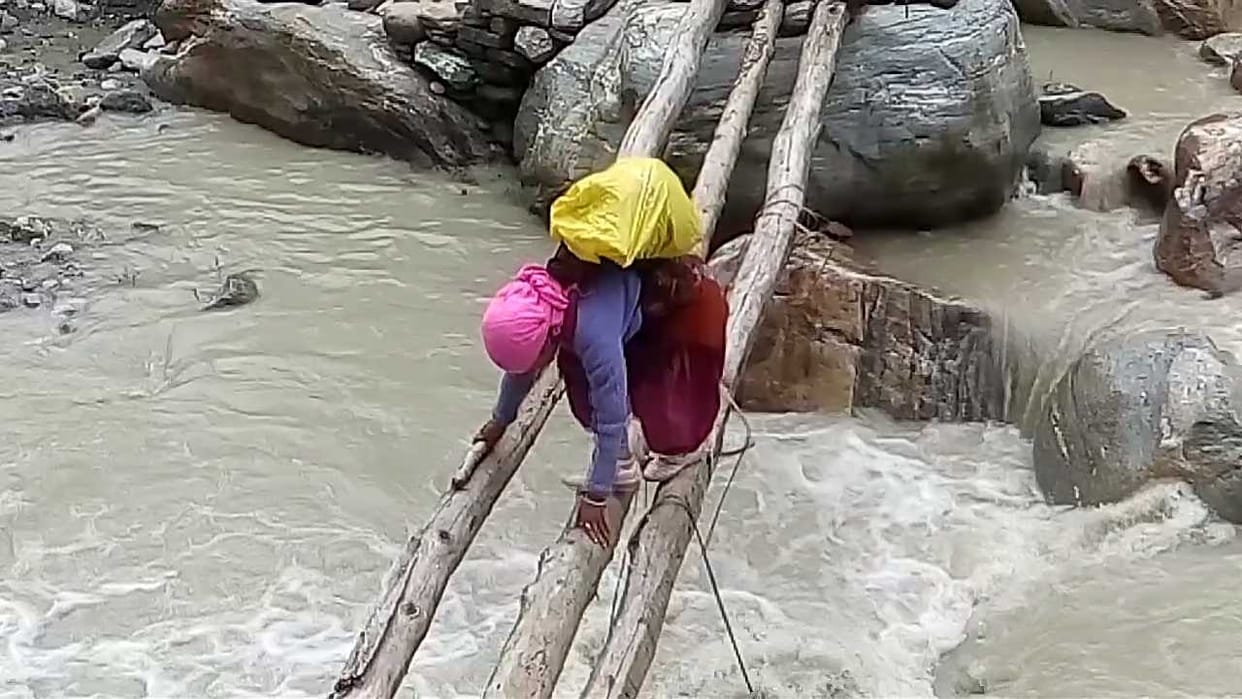 people cross river on Logs